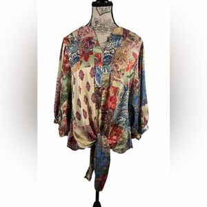 Chico's Multicolor Whimsygoth Patchwork Batwing Sleeve HighLow Hem Blouse Size 8